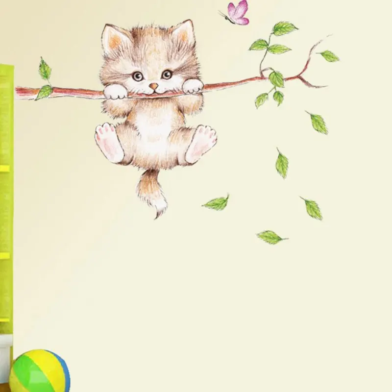 Cute Cat Butterfly Tree Branch Wall Stickers for Kids Rooms Home Decoration Cartoon Animal Wall Decals DIY Posters PVC Mural Art