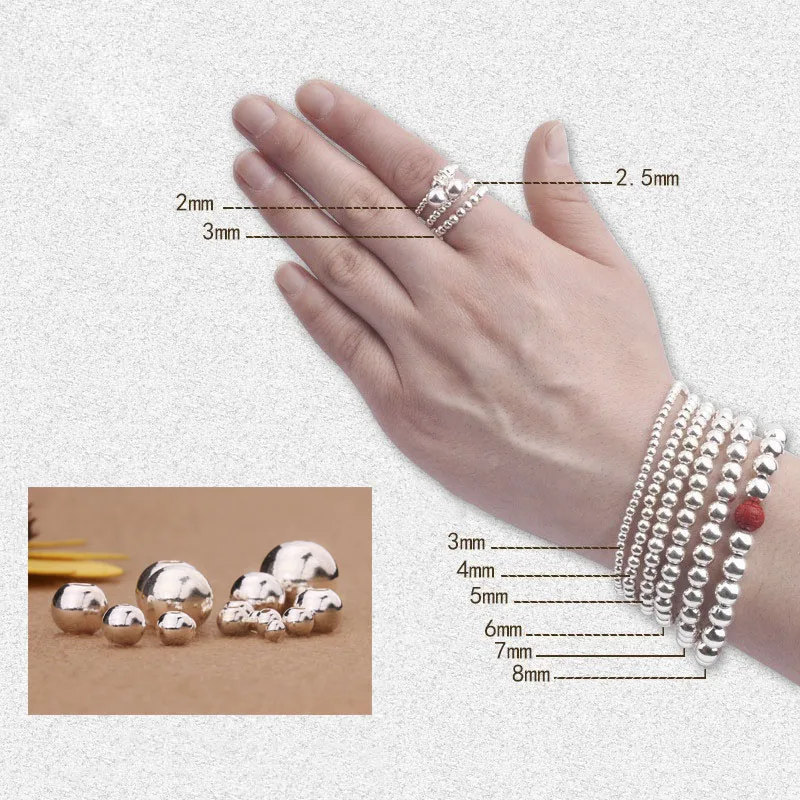 

5pcs/lot 2/3/4/5/6/7/8mm Outer Size 925 Sterling Silver Round Beads Spacer Beads Ball for DIY Necklace Bracelet Jewelry Findings