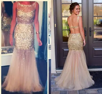 

Luxury Sexy Mermaid Long Prom Gown Backless Scoop Neck Floor Length Crystal Beaded Wedding Party Dress