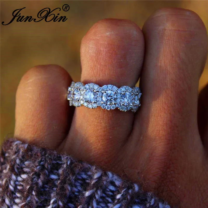 JUNXIN Boho Female White Crystal Engagement Rings For Women 925 Silver Filled Round Zircon Wedding Bands Valentine Day Jewelry