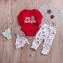 Рождественский комплект из 3 предметов для новорожденных мальчиков и девочек, топы с длинными рукавами, круглым вырезом и надписью, штаны с рисунком оленя+ шапочка, одежда, комплекты одежды