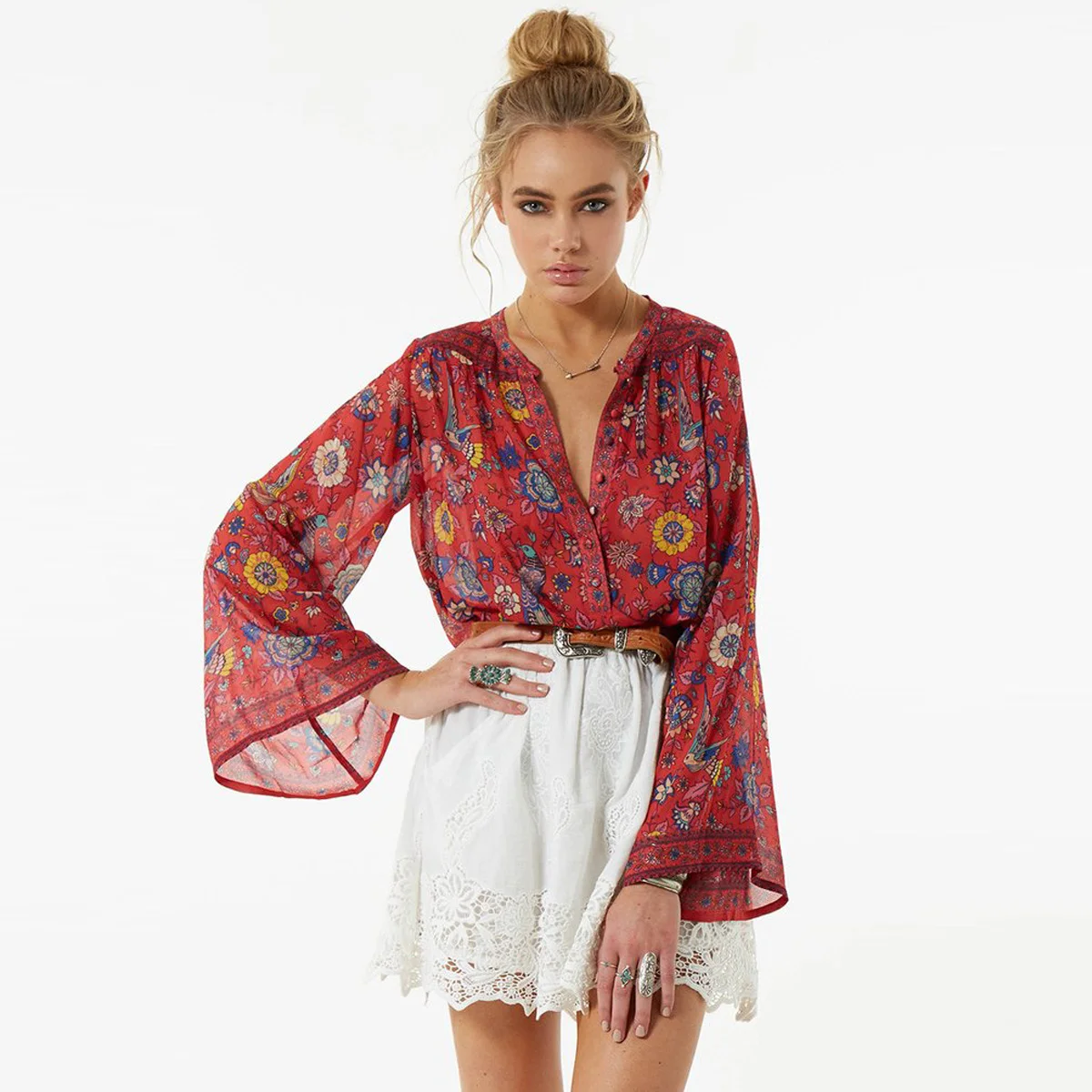 

Jastie O-Neck Long Flare Sleeve Blouses Boho People Hippie Women Top Red Floral Print Shirts Chic Blusas Casual Beach Shirt Tops