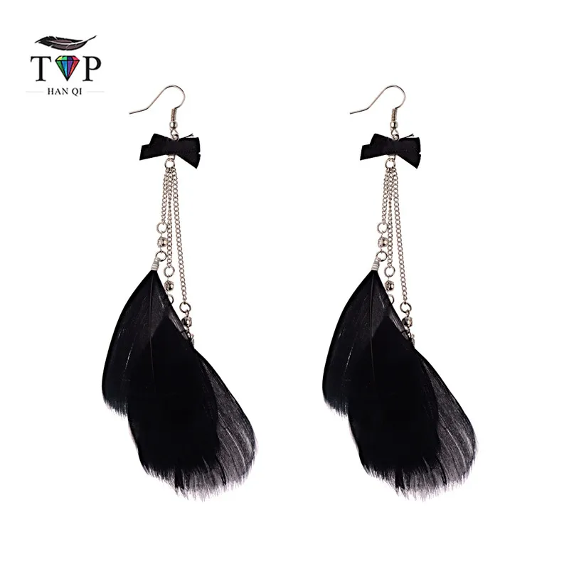 

TopHanqi Black Feather Long Drop Earring For Women Fashion Classic Statement Earrings Party Jewelry pendientes mujer moda 2018