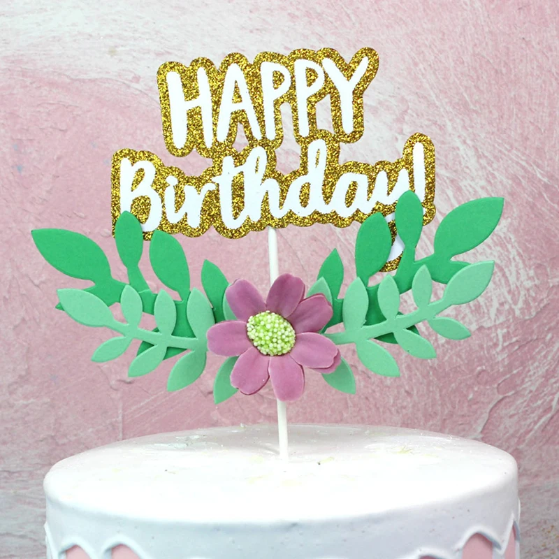 1pc Flower Green Leaf Happy Birthday Cake Topper Cupcake Pick Baking Decoration For Your Dessert Table