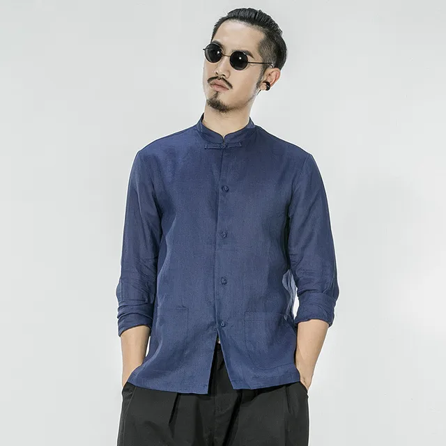 2017 otoño nuevo estilo de lino camisas cuello mao manga