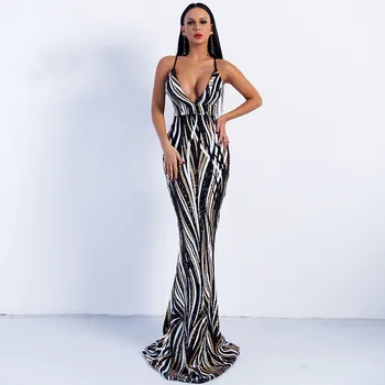 

2019 Dress Sexy Elegant Backless Spaghetti Strap Striped Women Flash Sequined Night Club Body con Party Dresses Wholesale