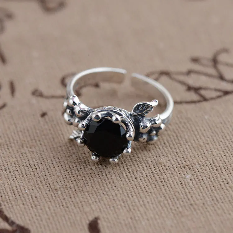 925 пробы Серебряное цветочное кольцо натуральный черный камень Настоящее S925 тайское серебряное кольцо для женщин ювелирное изделие регулируемый размер