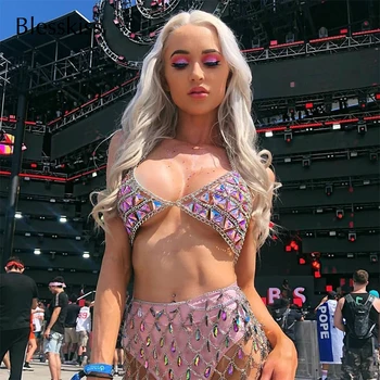 

Blesskiss Rhinestone Diamond Beach Dress Cover Up Women Bikini Swimwear Bathing Suit Crystal Bikini Accessory Chain Swim Skirt