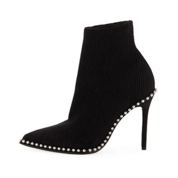 

Fashion Metal Studded Decor Socks Boots Shoes Pointed Toe Thin Heels Black Knit Women Autumn Boots Fashion Ladies Dress Shoes