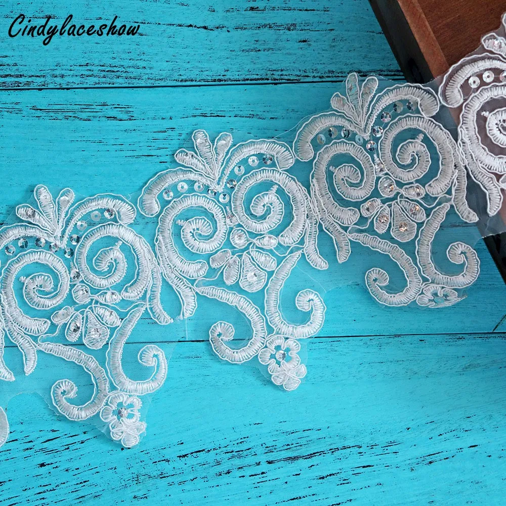 12.5cm Width Beaded Rhinestons White Lace Trim Ribbon Clothes