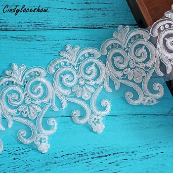 

12.5cm Width Beaded Rhinestons White Lace Trim Ribbon Clothes Accessories Wedding Dress Trimmings Embroidered Lace Sewing Fabric