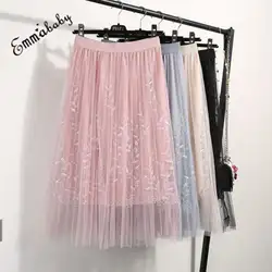 Элегантный Тюль Длинные плиссированные юбки Для женщин летние цветочные вышивки кружева Юбка из сетчатой ткани