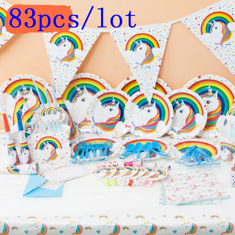 

83Pcs/lot Rainbow Unicorn Theme Cup+Plate+Napkin+Horn+Straw Child Birthday Party Gift Bag+Banner+Tablecover Decoration Supply