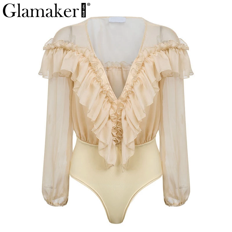 Glamaker Ruffle chiffon mesh long sleeve bodysuit Women transparent  v neck bodysuit Sexy autumn winter bodycon female bodysuit