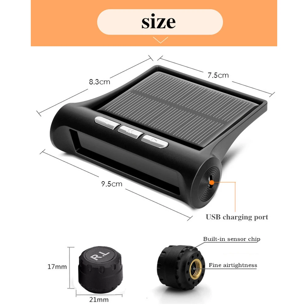 Car TPMS Wireless Tire Pressure Monitor Alarm System+4 External Sensor Tyre Detector Real-time Monitoring Solar/USB Charge Power Car TPMS Wireless Tire Pressure Monitor Alarm System+4 External Sensor Tyre Detector Real-time Monitoring Solar/USB Charge Power