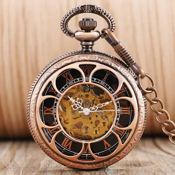 

Retro Flower Hollow Roman Numerals Automatic Mechanical Pocket Watch Self Winding Skeleton Steampunk For Men Women