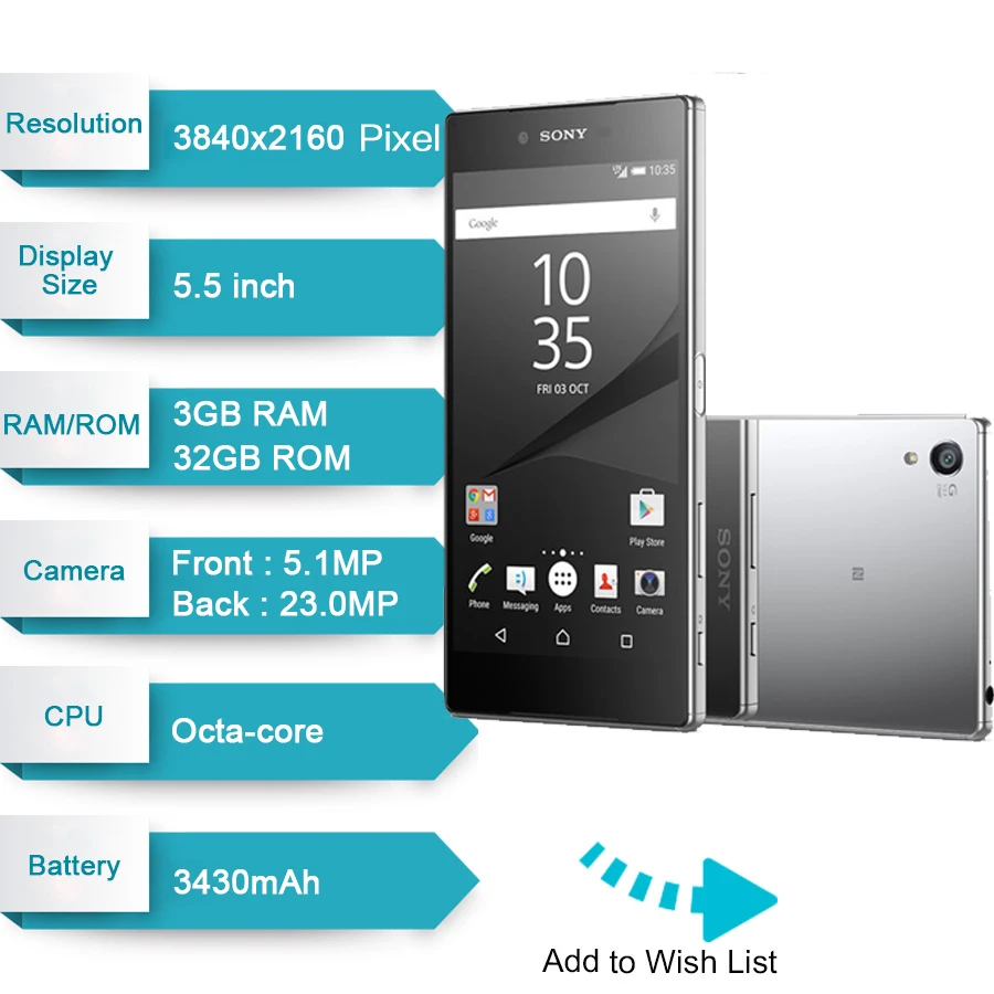 الأصلي مقفلة سوني اريكسون Z5 قسط E6853 4G LTE واحدة سيم 3 GB RAM 32 GB ROM 5.5\