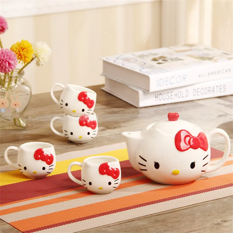 5pieces/lot Hello Kitty Tea Pot Cup Set Novelty Coffee Milk Tea Cup Pot