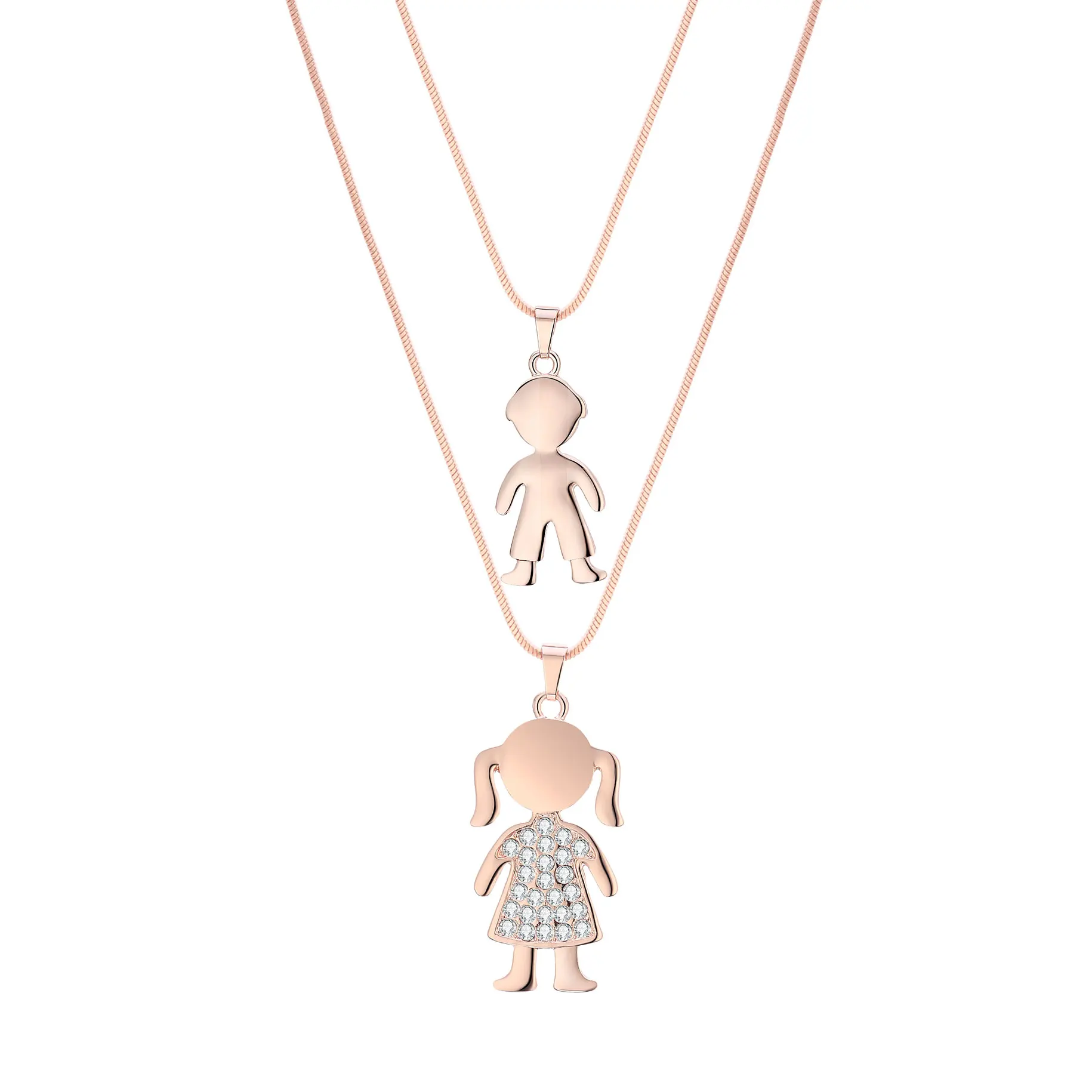 Прекрасный кристалл мальчик и девочка кулон ожерелье для женщин двойной цепи Многослойные ожерелья для семьи ювелирный подарок Новая мода - Окраска металла: Rose Gold