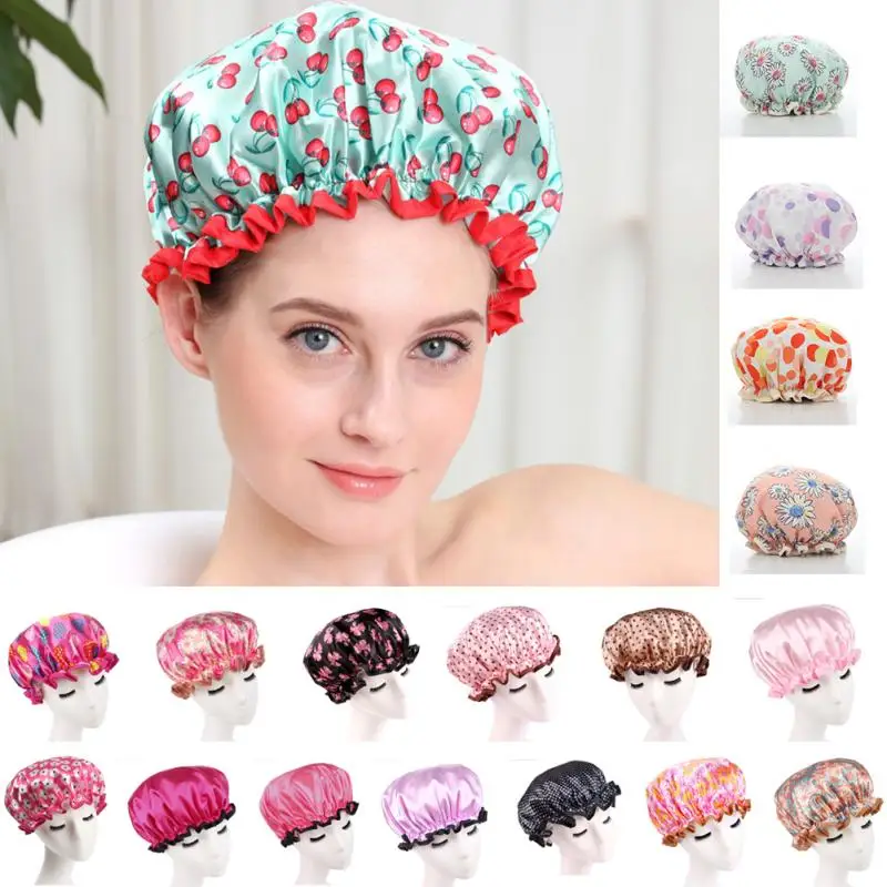 

1pc Lovely Thick Women Shower Caps Colorful Double Layer Bath Shower Hair Cover Adults Waterproof Bathing Cap Wholesale