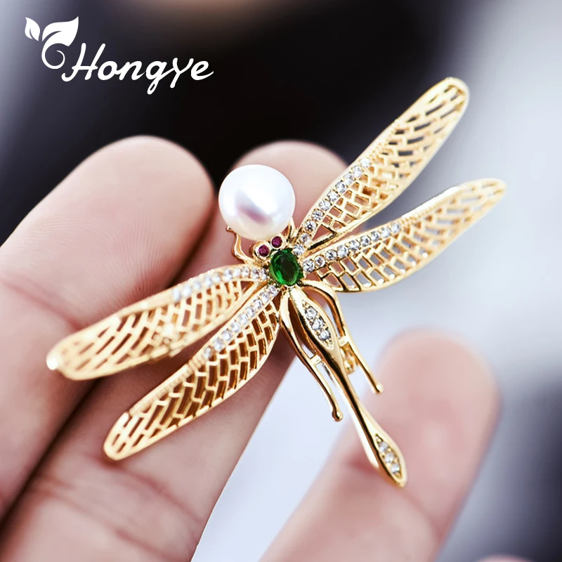 

Hongye Vintage AAA Zircon Scarf Pin Natural Freshwater Pearl Dragonfly Insect Brooches Women Party Brooch Pins Gifts Wholesale