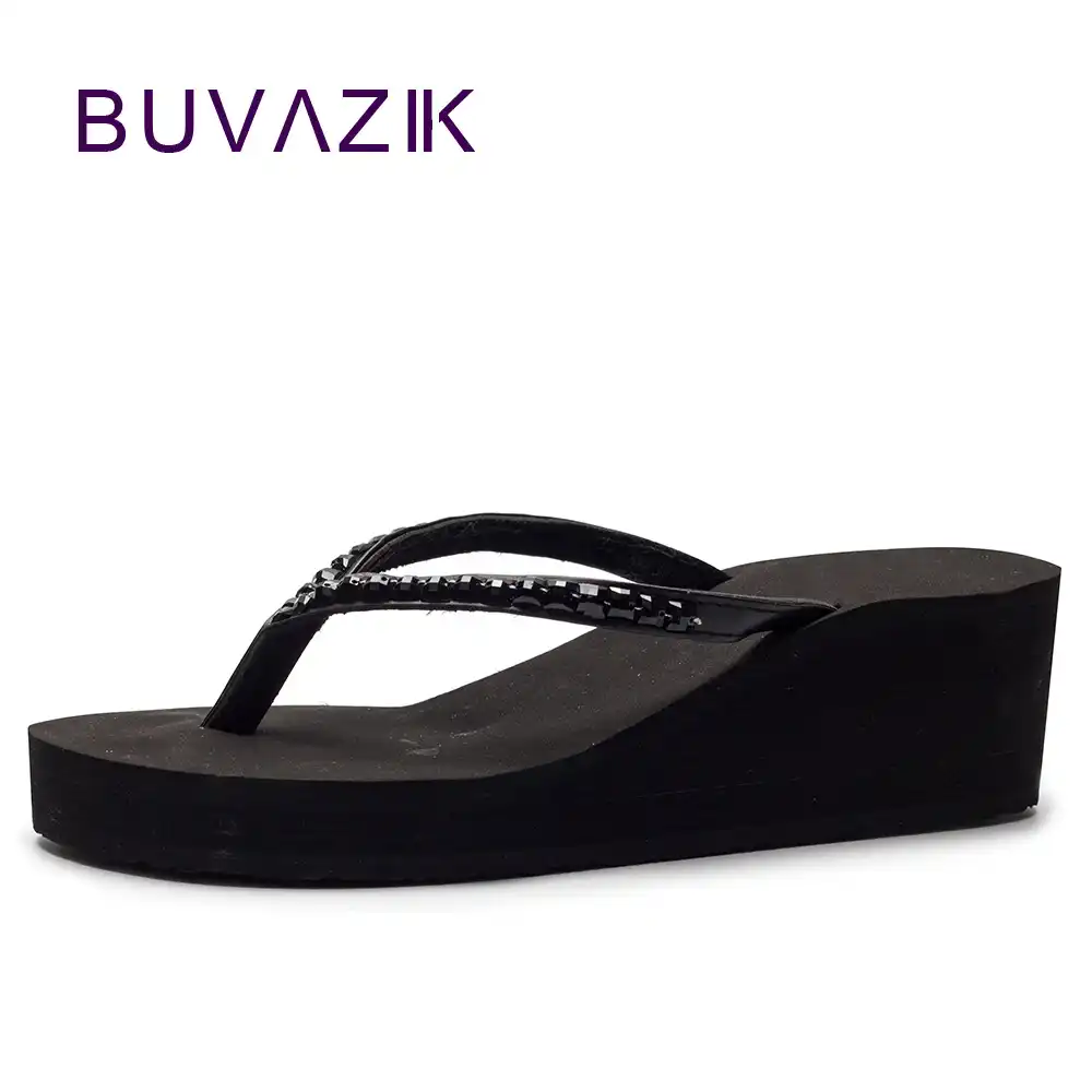 black wedge flip flops with rhinestones