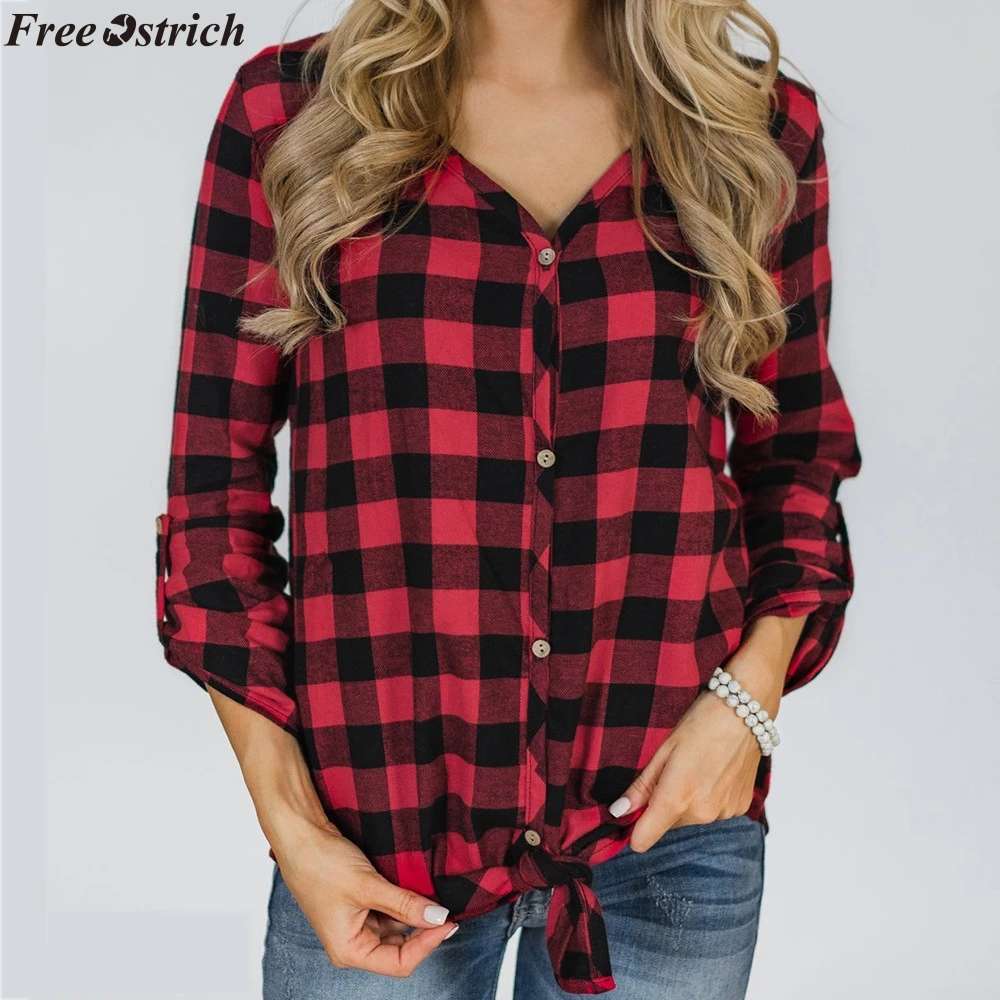 FREE OSTRICH Women New Arrival Classic Fashion Blouse Plaid V-neck Loose Female Casual Button Ladies Shirt Knotted Plus Size Top