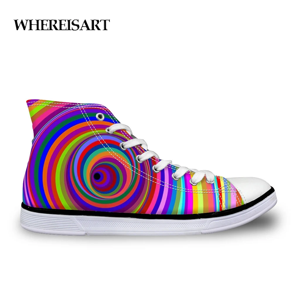 

WHEREISART Colorful 3D Vertigo Hypn Printed Lace-up Vulcanize Women's Shoes Comfortable Canvas Shoes For High Top Shoes Girls