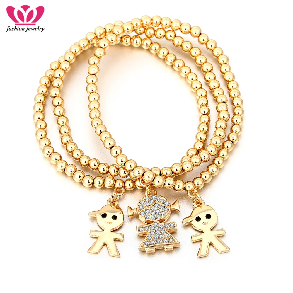 Gold Lovely Girl And Boys Bracelets Three Pieces Charm Beaded Bracelets For Women Fashion