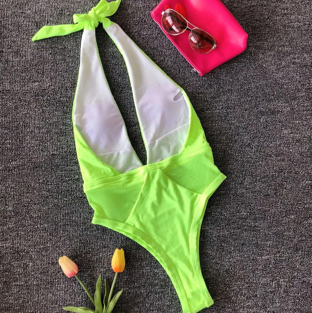 One-piece Neon Lime Backless Swimsuit 2019 Sexy Women Swimming Smocked Halter Trim in The Moment High Waist Swimsuit 2 Color 15