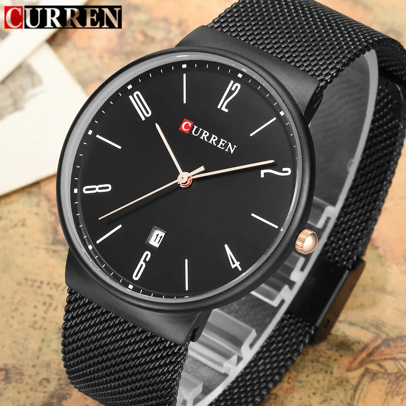 

2017 CURREN Brand Fashion Mens Watches Black Mesh Steel Ultra Thin Quartz Watch Men Luxury Business Wristwatch Relogio Masculino