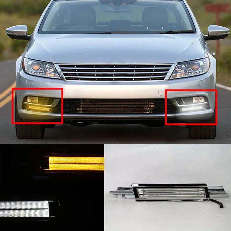 

2pcs White+Yellow Daytime Running Lights DRL LED Fog Lamp for VW CC 2014-2016 AB