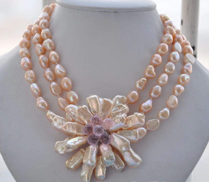 

shipping z5914 3row 16" pink baroque pearl biwa crystal flower pendant necklace