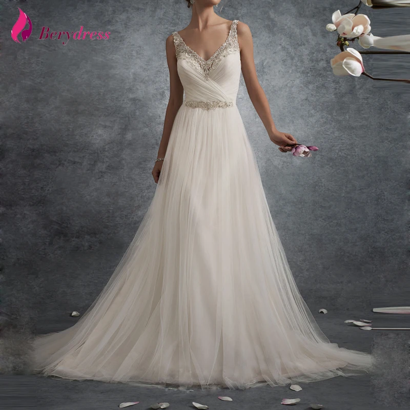2017 Simple A-Line Wedding Dress V-Neck Sleeveless Tulle Bridal Beading Appliques Bride Gown Deep V-back | Свадьбы и торжества