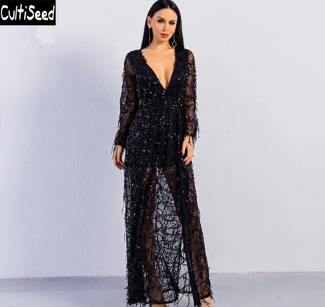 

Cultiseed 2019 Female Sexy Deep V-Neck Sequined Tassel Party Long Dresses Clothes Women High Split Hollo Out Dress Fashion Dress