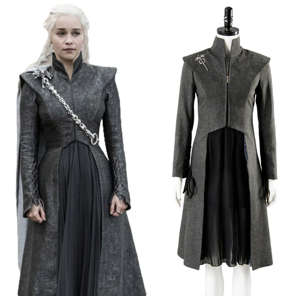 Hot Game of Thrones Season 7 Daenerys Targaryen Black Coat Skirt Cosplay Costume