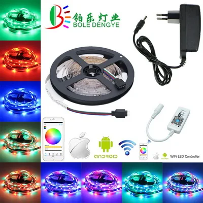 12 В Светодиодная лента 5 м Wi-Fi RGB Светодиодные ленты SMD 2835 60leds/м Гибкие светодиодные Клейкие ленты IP20 не водонепроницаемый RGB лента Wi-Fi контроллер - Испускаемый цвет: 5M Full Set