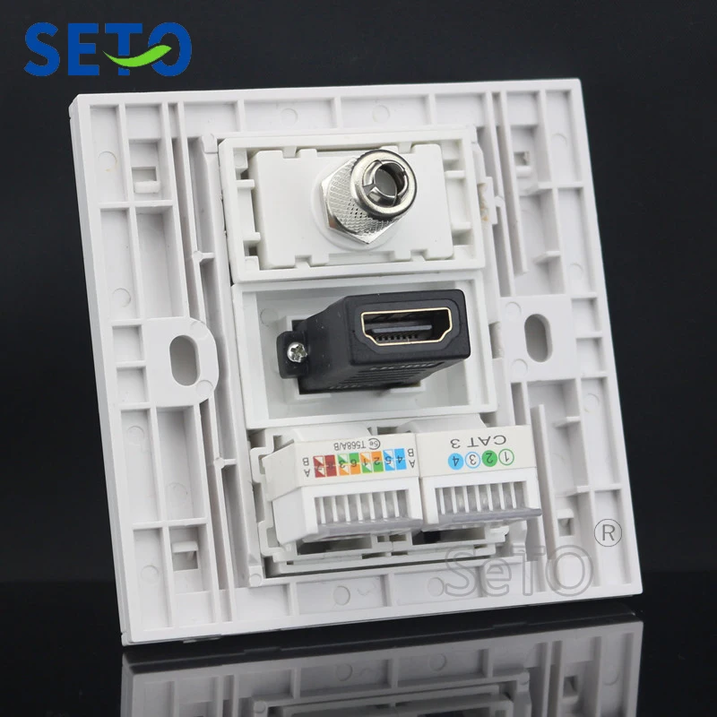 

SeTo 86 Type HDMI + TV + Cat3 Telephone + Cat5e Network Wall Plate Socket Keystone Faceplate