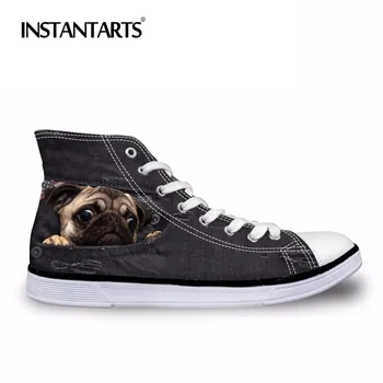 

INSTNTARTS Black 3D Denim Animal Print Women's Vulcanize Flats Shoes Youth Girl Cute Pug Dog High-top Casual Canvas Sneakers
