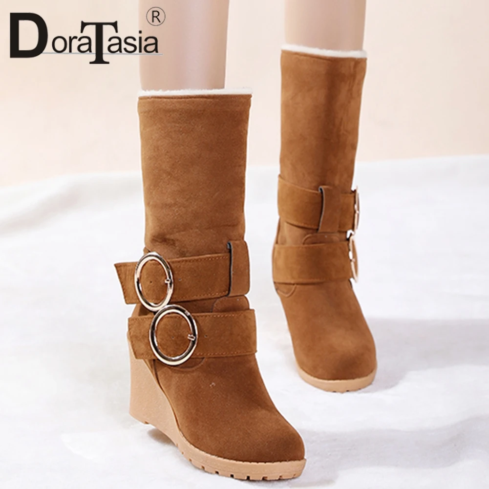 

DORATASIA Snow Boots For Women Winter Warm Add Thick Fur Wedges Shoes Slip On Ladies Round Toe Mid Calf Boots Size 34-43