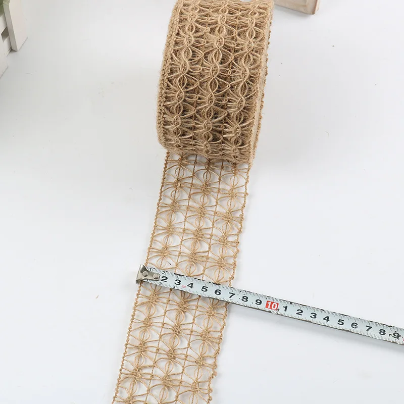 2m/Roll Wide 7cm Hollow Design Natural Hessian Jute Twine Burlap Ribbon Christmas Home DIY Decoration Rustic Wedding Decor