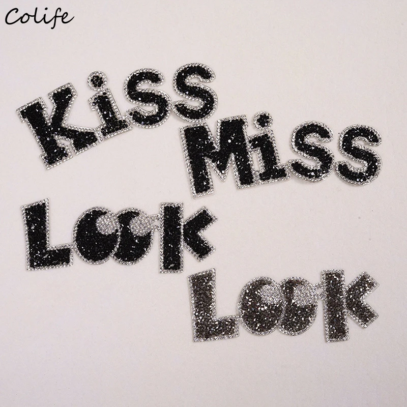 

KISS Letter Rhinestone Embroidery Stickers Iron-on Transfers For Clothes LOOK Fashion Patches For Hats Decoration