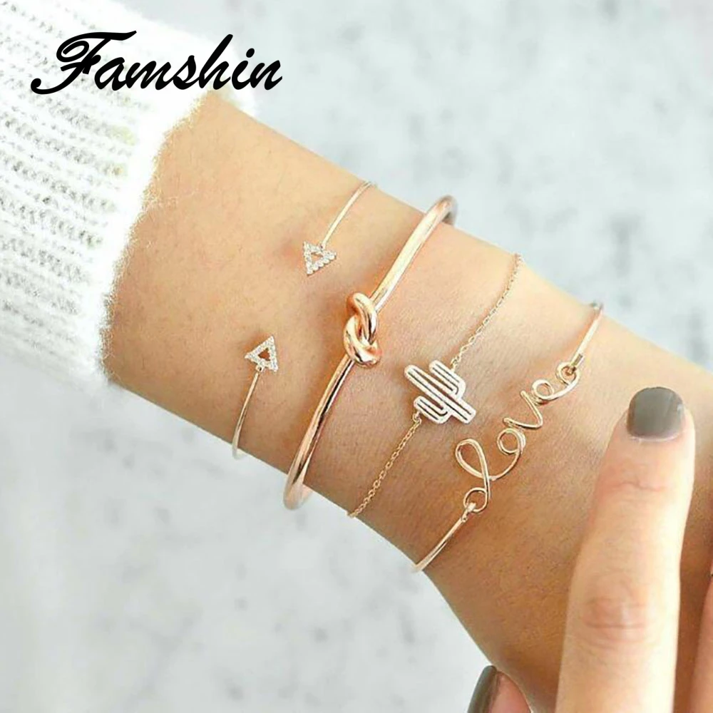 

FAMSHIN Fashion 4PCS/1Set Gold Color Cactus Letter Knot Bracelet Set Bohemian Geometric Metal Chain Bracelet Statement Jewelry