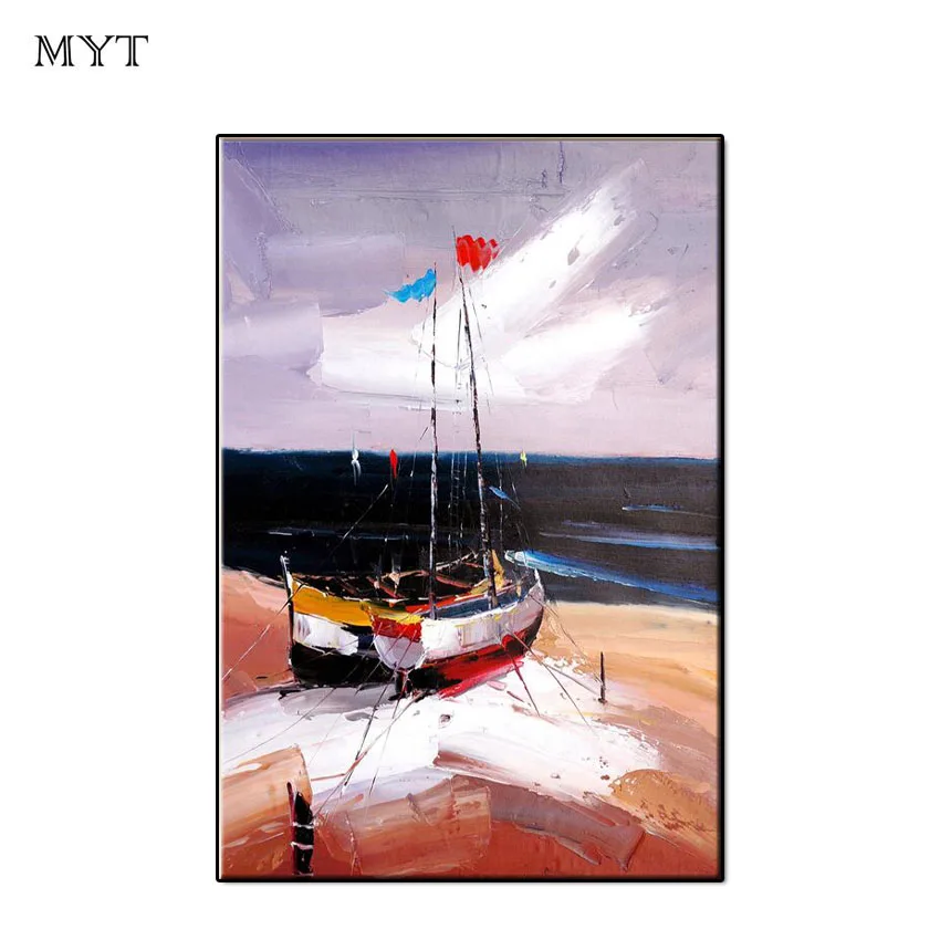 

Wall art picture Handpainted Modern abstract sailboat at beach on canvas Oil Painting for Living Room home Decor no framed