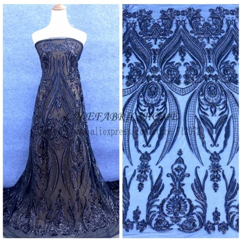 

La Belleza 1 yard New black/White/Gold/ Champgane/green/blue on beige backgroun sequins lace fabric 51'' width