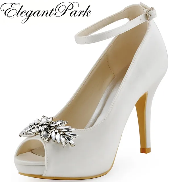 Hp1544 White Ivorywoman Wedding Shoes High Heel Platform Ankle Strap Hp1544 White Ivorywoman Wedding Shoes High Heel Platform Ankle Strap Crystal Buckle Satin Las Bride Bridal