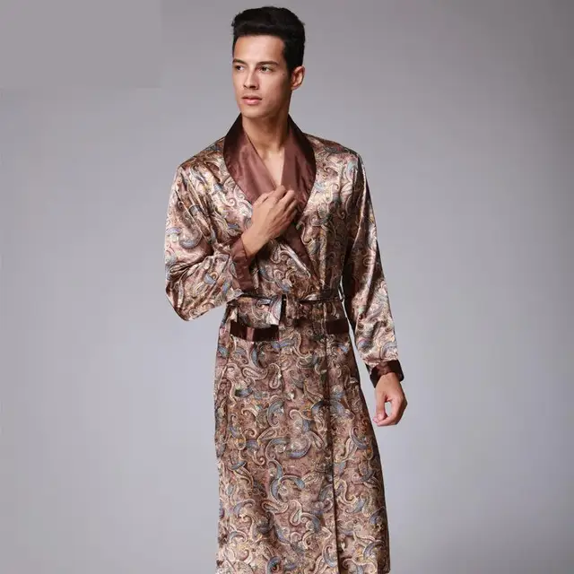 Mens Luxury Paisley Pattern Bathrobe Kimono Robes V neck Faux Silk Male