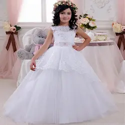 Белые пухлые Платье с кружевными цветами для девочек для свадьбы одежда с длинным рукавом для девочек вечерние торжественное платье для