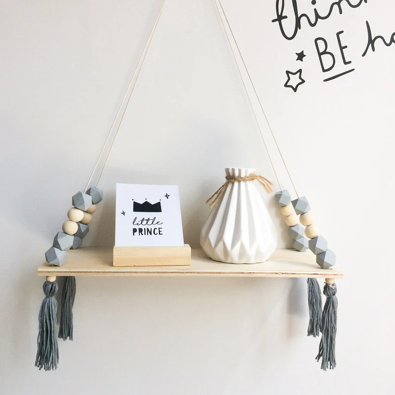 Nordic Style Beads Colorful Wood Shelves With Tassel Wall Clapboard Decoration Children Room Kids Clothing Store Display Stand | Дом и сад
