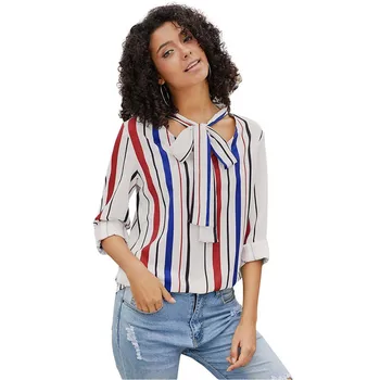 

Fashion Bow Tie Collar Hollow Out Stirped Shirt for Women Cute Ladies Ladies Casual Vertical Stripe Tops and Blouses Plus Size